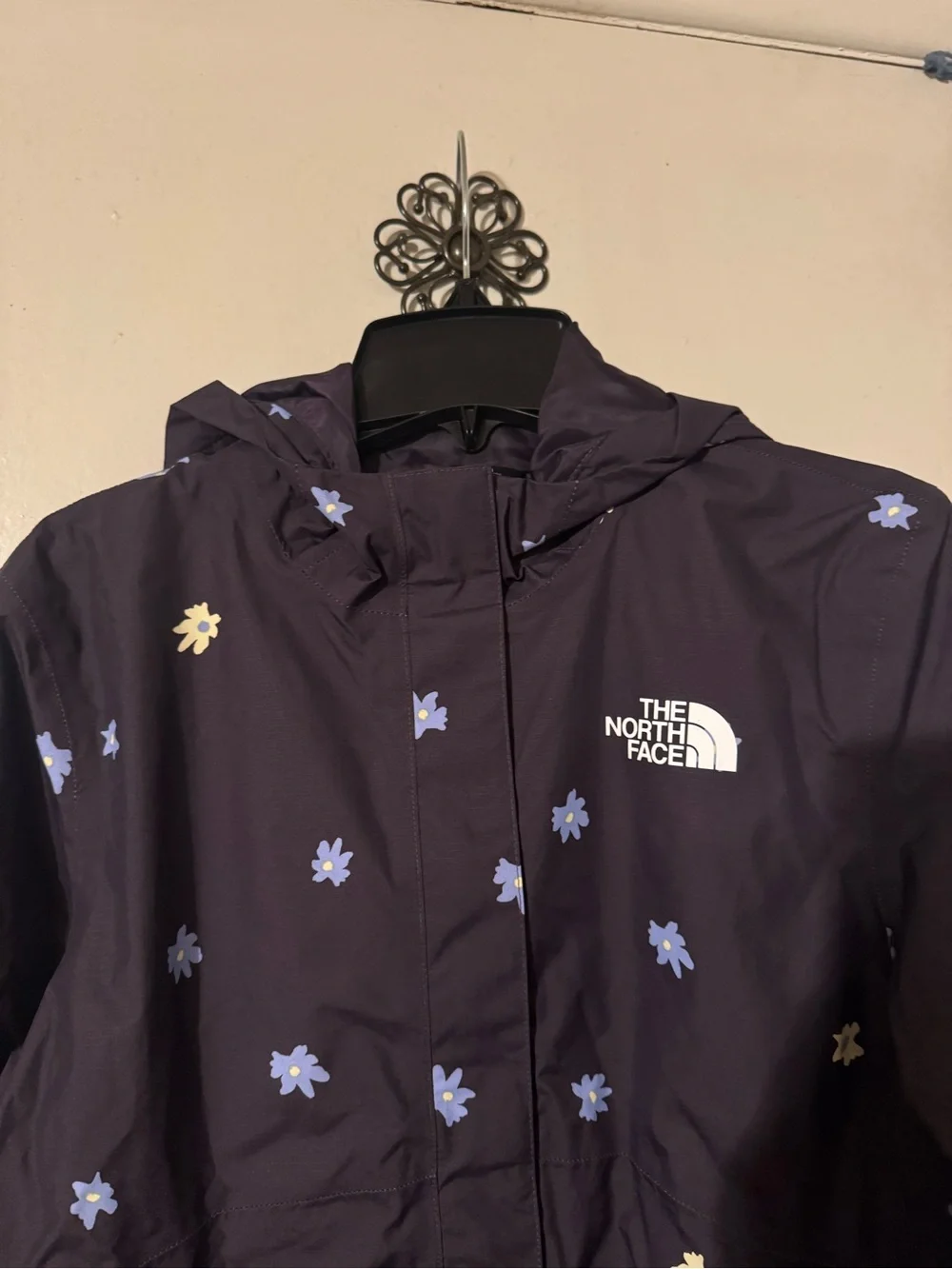 The North Face Navy Floral Hooded Raincoat with Blue & Cream Accents